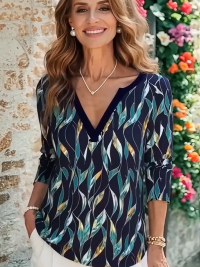 T-shirt casual leaf print V-neck