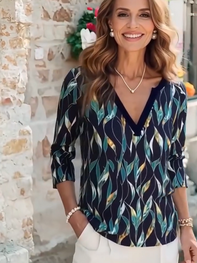T-shirt casual leaf print V-neck