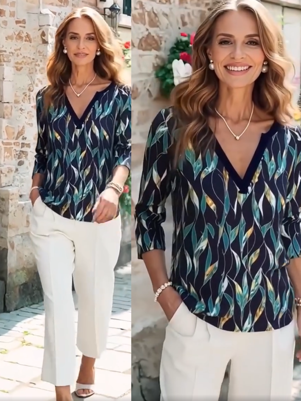T-shirt casual leaf print V-neck