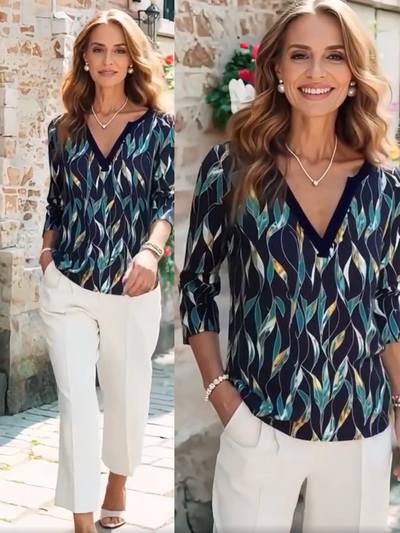 T-shirt casual leaf print V-neck