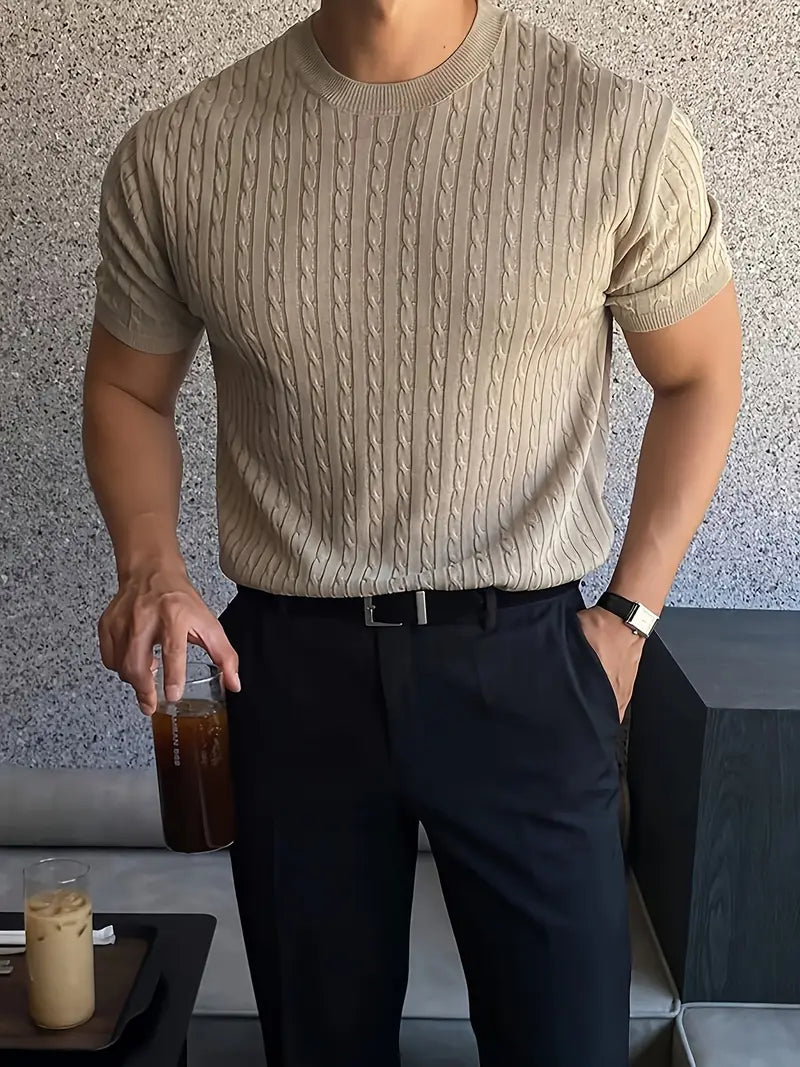 Men'S Casual Summer Cable Knit Crew Neck T-Shirt