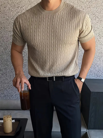 Men'S Casual Summer Cable Knit Crew Neck T-Shirt