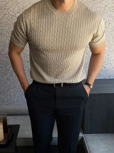 Men'S Casual Summer Cable Knit Crew Neck T-Shirt