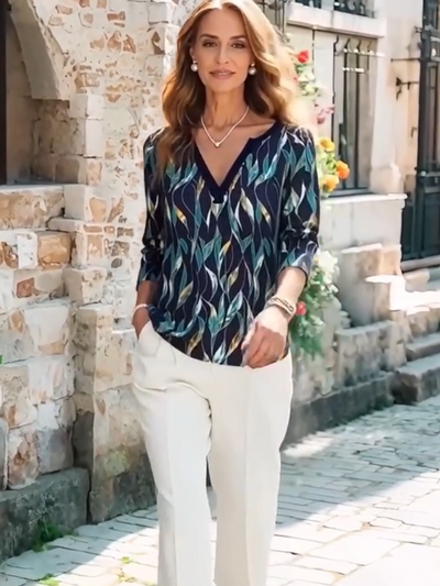 T-shirt casual leaf print V-neck