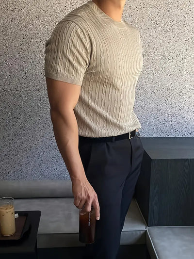 Men'S Casual Summer Cable Knit Crew Neck T-Shirt