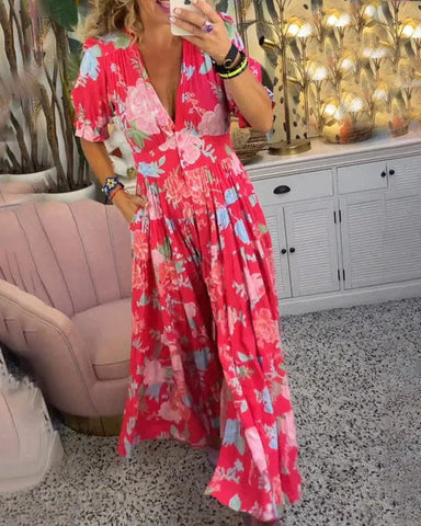 COZY V-NECK LONG DRESS WITH POCKET